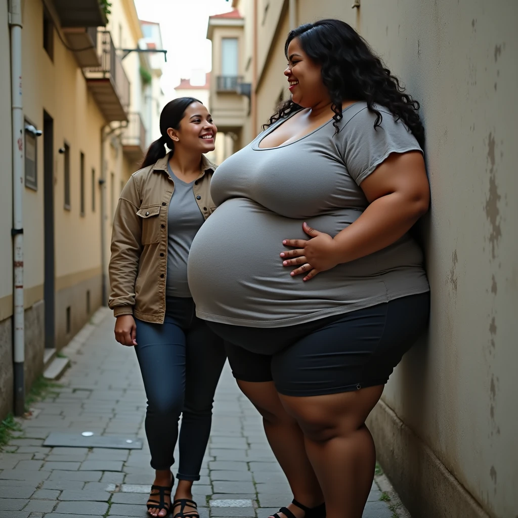 Extremely Hyperpregnant Surinamese woman with huge belly wearing a dress