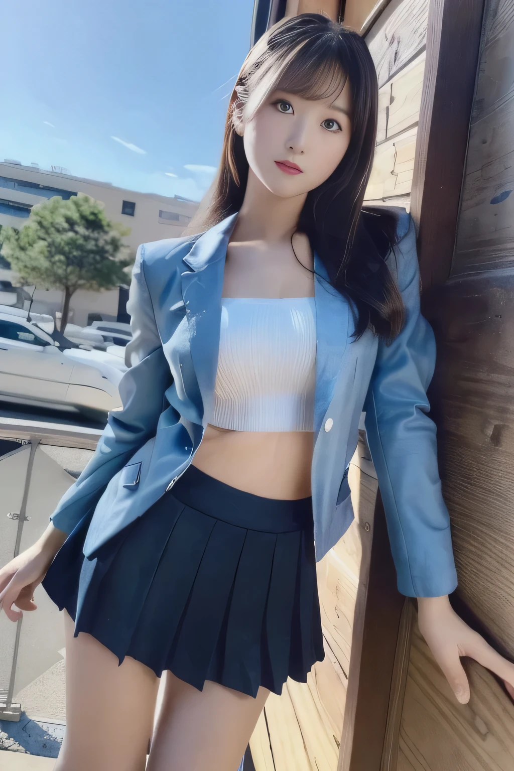 (top quality、 Ultra High Resolution 、masterpiece、8k、REALISTIC RAW PHOTO )、(delicate face、detailed eyes and face、Bloodshot eyes、Double eyelids、glossy lips), ((1 girl)) 、Very Beautiful Women、slender、Big Breasts、((full body shot))、(Beautiful standing posture)、Sharp and long legs、 charming and attractive 、(navy blue blazer:1.2)、( dark blue pleated skirt with the front door open :1.2),(knee-high socks:1.1),(high heels)、Sexy chest、High Definition Skin Textures、and the wind is blowing、sunlight shines、Modern architecture in the background、((perfect anatomy、anatomically accurate:1.2))
