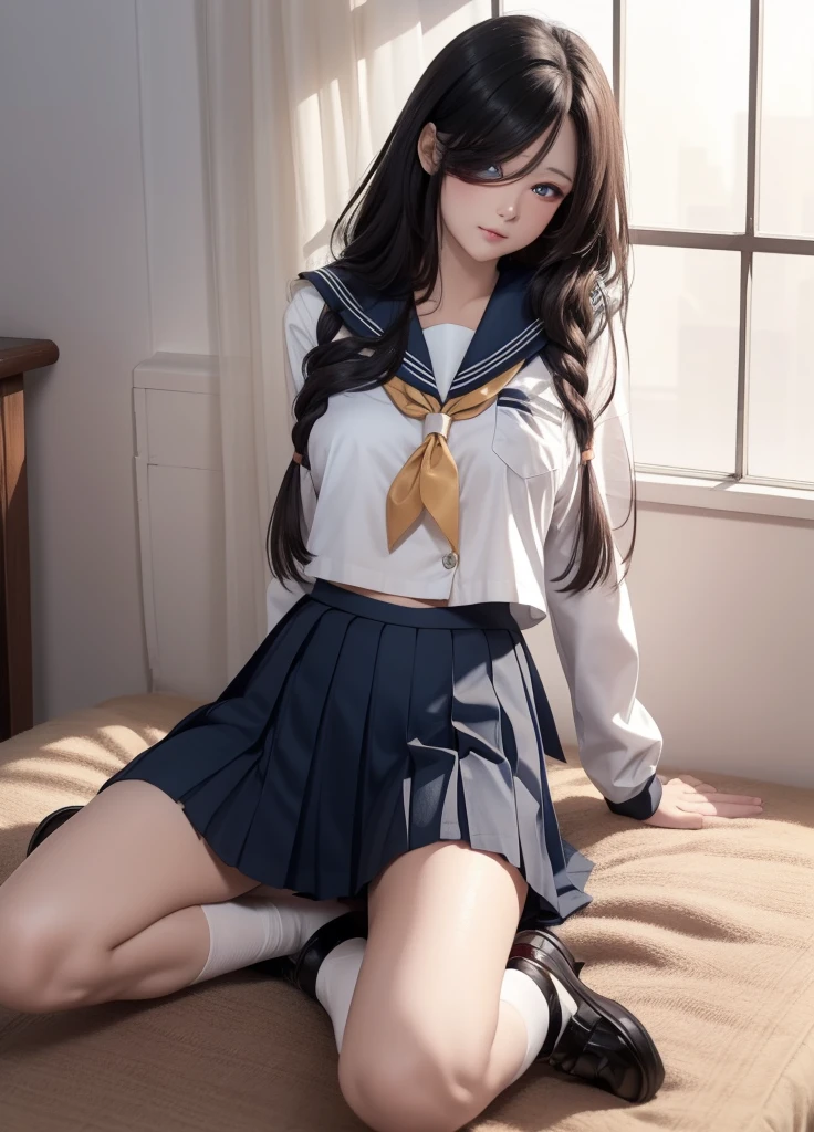 masterpiece,high detail,best quality,super detail, blush, happiness, lying, Anime, ((JK, sailor uniform)), solo, cute, (from front,looking at viewer), (tied up with rope:1.5), (slender:1.3), (long hair:1.5), black hair, belly button, night, blue hour, school