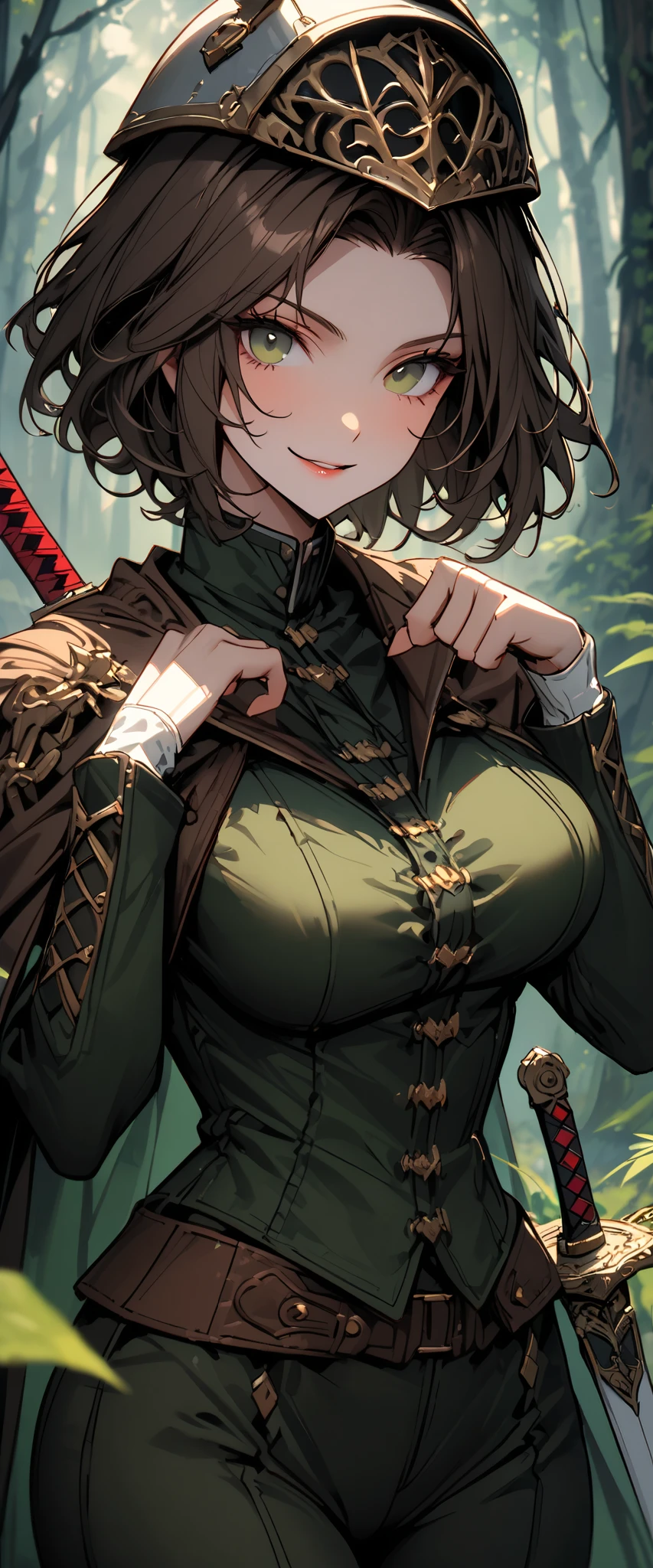 solo, female, closeup, short hair, extremely tall female, broad shoulders, very large breasts, muscular, slim waist, wide smile, uniform, cape, forest, looking at viewer, cowboy shot, looking down, perfect, best quality, wealthy, fantasy, Victorian, strong, feminine, superhuman, looking at viewer, flared-hip_riding_breeches, jodhpurs, closeup, arquebus, olive drab, helmet, sword, brown hair, dark green eyes, solo, sword pose