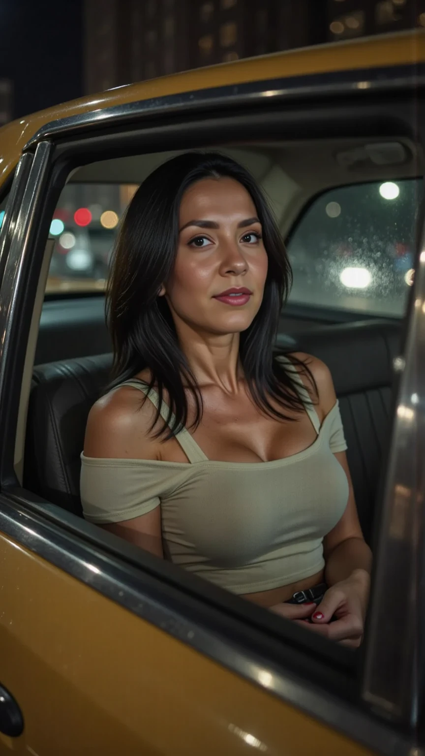 ((best quality)), ((masterpiece)), (detailed), kiara, sitting at backseat of car, wearing full front open white thin transparent shirt, leaning forward showing sexy skin and cleavage, seducing, flawless skin