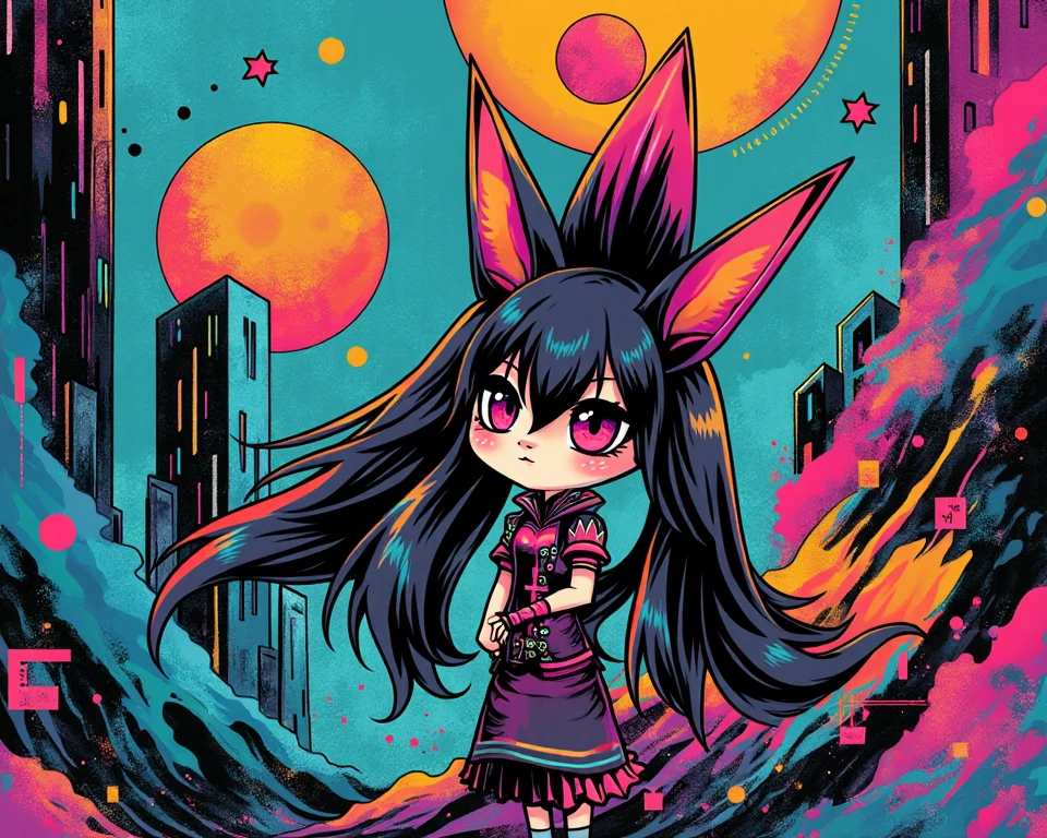 In a vibrant, stylized digital illustration, a miniature catgirl stands amidst a futuristic forest, reminiscent of Masamune Shirow's iconic cyberpunk aesthetic. The beautiful young feline, donning a black dress with a flared skirt and a bright yellow bow, showcases her alluring features. A sleek, slender tail, akin to that of a cat, extends from her back, adding a whimsical touch. Her striking features are accentuated by a subtle glow, as if lit by an otherworldly light. In the background, cybernetic trees and glowing orbs create a futuristic landscape, while the girl's pose exudes confidence and allure, inspired by Anya's charm in Spy x Family. The overall composition, reminiscent of comic book pinups, is a perfect blend of fantasy and science fiction.