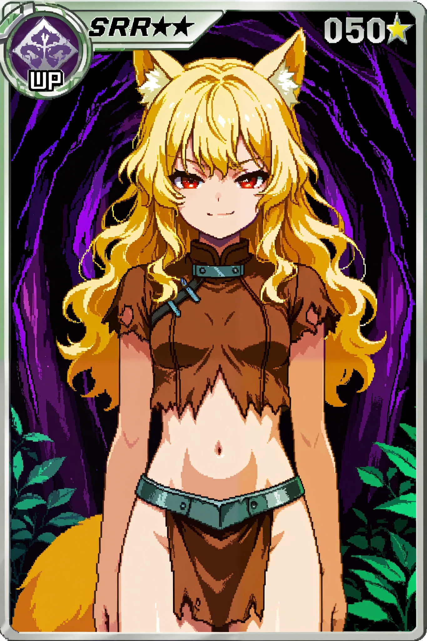 score_9, score_8_up, score_7_up, source_anime, 1girl, solo, pixel art, tr4dingcard, card (medium),playingcard, trading card, card_(medium) BREAK 

Kemonomimi, fox ears, blonde hair, long hair, wavy hair, red eyes BREAK small breasts, fox tail, yellow tail BREAK 

Barbarian clothes, brown shirt, torn sleeves, short sleeves, navel, brown loincloth BREAK 

Looking at viewer, smirk, closed mouth, standing, portrait, cave interior, (purple cave), overgrown plants