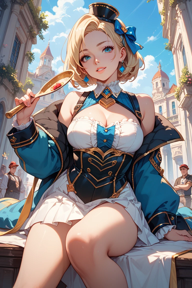 (((Beautiful nipples)、huge tit、Large areola、shinny skin))、hightquality、hight resolution、masterpiece、foco nítido、photographrealistic、Raw photography、lighting like a movie、Photorealistic portrait of stunningly beautiful woman、cowboy shot、upper body of blonde woman、face lights、High brightness、detailed symmetric realistic face、Highly detailed natural textures、ighly detailed、finely detail、palace musketeer uniform、gothic intricate pattern、cavalry hat、long boots