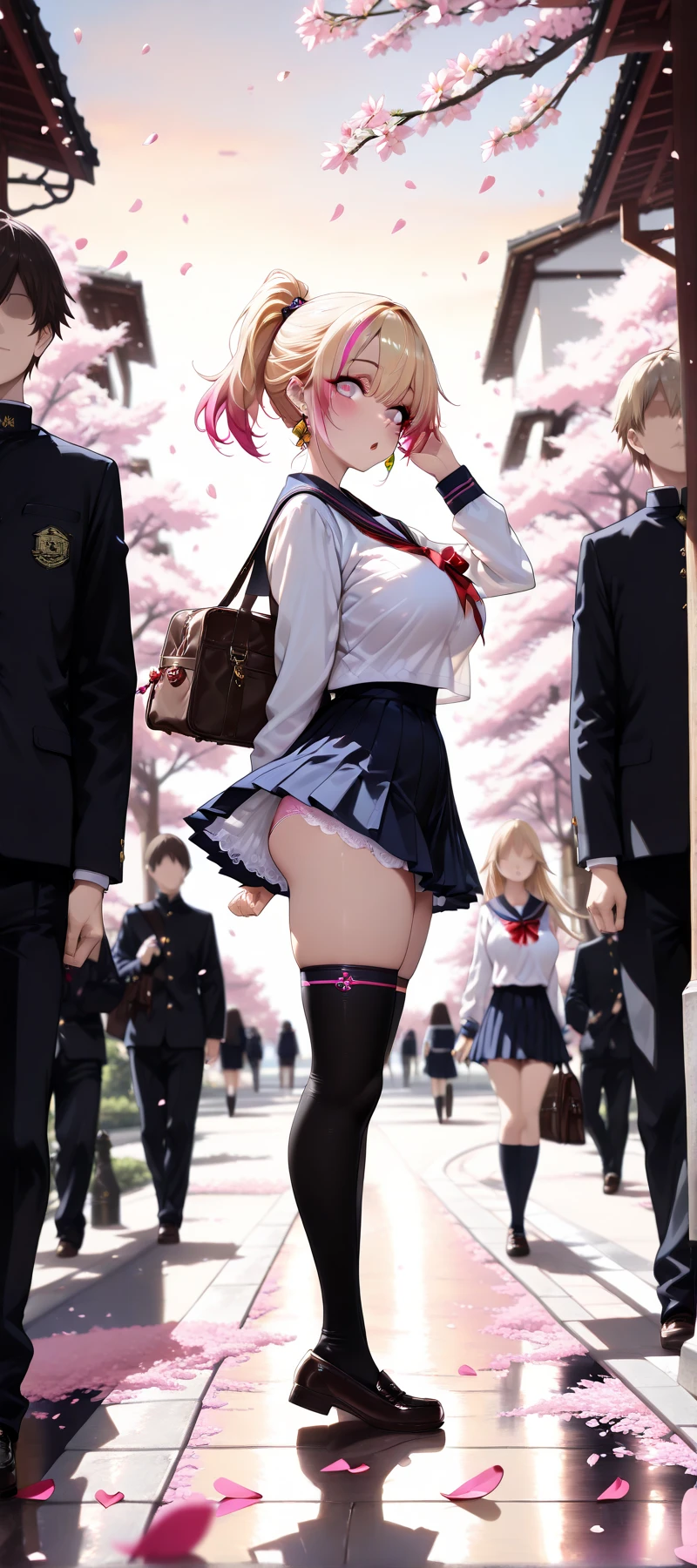 ((masterpiece,Highest quality:1.3,best quality illustration)),cowboy shot,1woman,16-year-old Japan beauty,((very small head:1.2)),short bob hair,bangs,(pink hair),brown eyes,gorgeous eyes,blush,smile,medium breasts,((very long body)),(School uniform,Navy blue blazer、Red tie、White Shirt、Navy blue pleated mini skirt),(toned body,slender body,skinny),gleaming skin,shiny skin,oily skin,standing,Shibuya Station、Tokyo