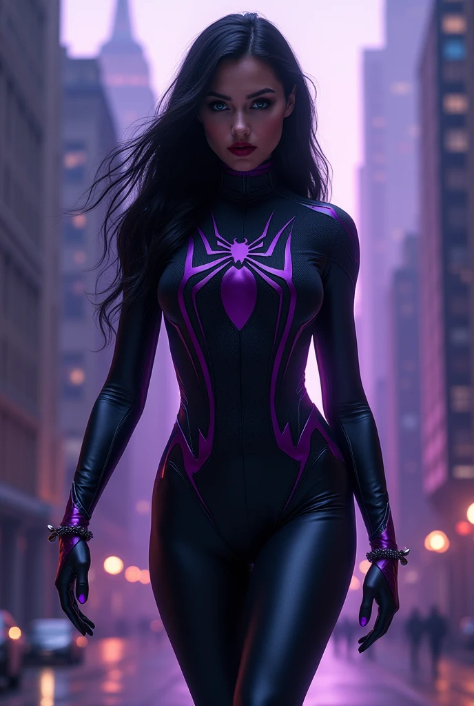 A Marvel comic book poster of a white-skinned girl named Spider-Woman. The girl has black hair with white front strands, blue eyes, and a black and purple costume.