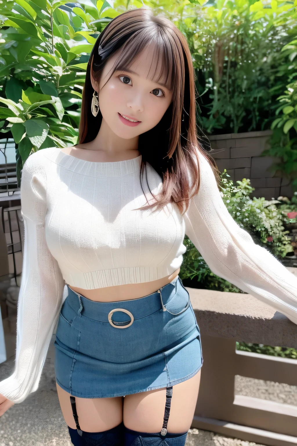 最high quality, 8k, lively, sharp concentration, high quality, high resolution, woman, 美しいwoman, ((full body shot)), (A smile on a detailed face, very detailed eyes, beautiful style、 Beautiful Hair , huge slutty breasts、(knitted long sleeve sweater)、 ()、()、()、()、(denim miniskirt)、Beautiful legs、garter belt、garden