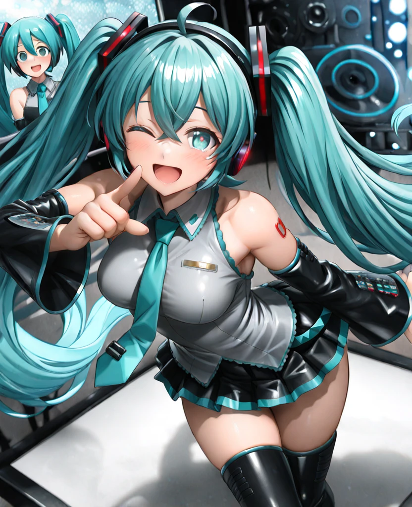 hatsunemiku, miku hatsune, ahoge, aqua eyes, aqua hair, crossed bangs, hair between eyes, hair ornament, headphones, long hair, twintails, BREAK aqua necktie, black footwear, black skirt, black sleeves, boots, collared shirt, detached sleeves, grey shirt, necktie, pleated skirt, shirt, skirt, sleeveless, sleeveless shirt, thigh boots, tie clip, BREAK looking at viewer, BREAK outdoors, city, BREAK (masterpiece:1.2), best quality, high resolution, unity 8k wallpaper, (illustration:0.8), (beautiful detailed eyes:1.6), extremely detailed face, perfect lighting, extremely detailed CG, (perfect hands, perfect anatomy), Get blush, ((pink heart shaped eyes)), Used big condom hold in mouth, Spread legs wide, (((semen overflowing from the vagina))), ((Open your pussy with the fingers of both hands)), NSFW, no mosaic, (((Girl trembling with sexual climax))), Ahegao. (((Above rolling her eyes))). (((Girl trembling with sexual climax))). Big breasts, shoot from below, (Undressing shirt), Erect nipples,