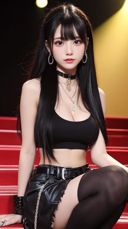 1girl, korean model women, messy hair, plumpy body, perfect body, tall body, (large breast:1.3), (medium butt:1.3), flirting pose, indoor, gothic interior background, gothic leather buckle dress, stylish, gothic style, gothic hair style, black hair, eye reflection, (gothic style makeup), gothic style jewellery, sleepy, bored, looking the audience, sfw, Fujicolor, masterpiece, ccurate, anatomically correct, textured skin, super detail, 4K