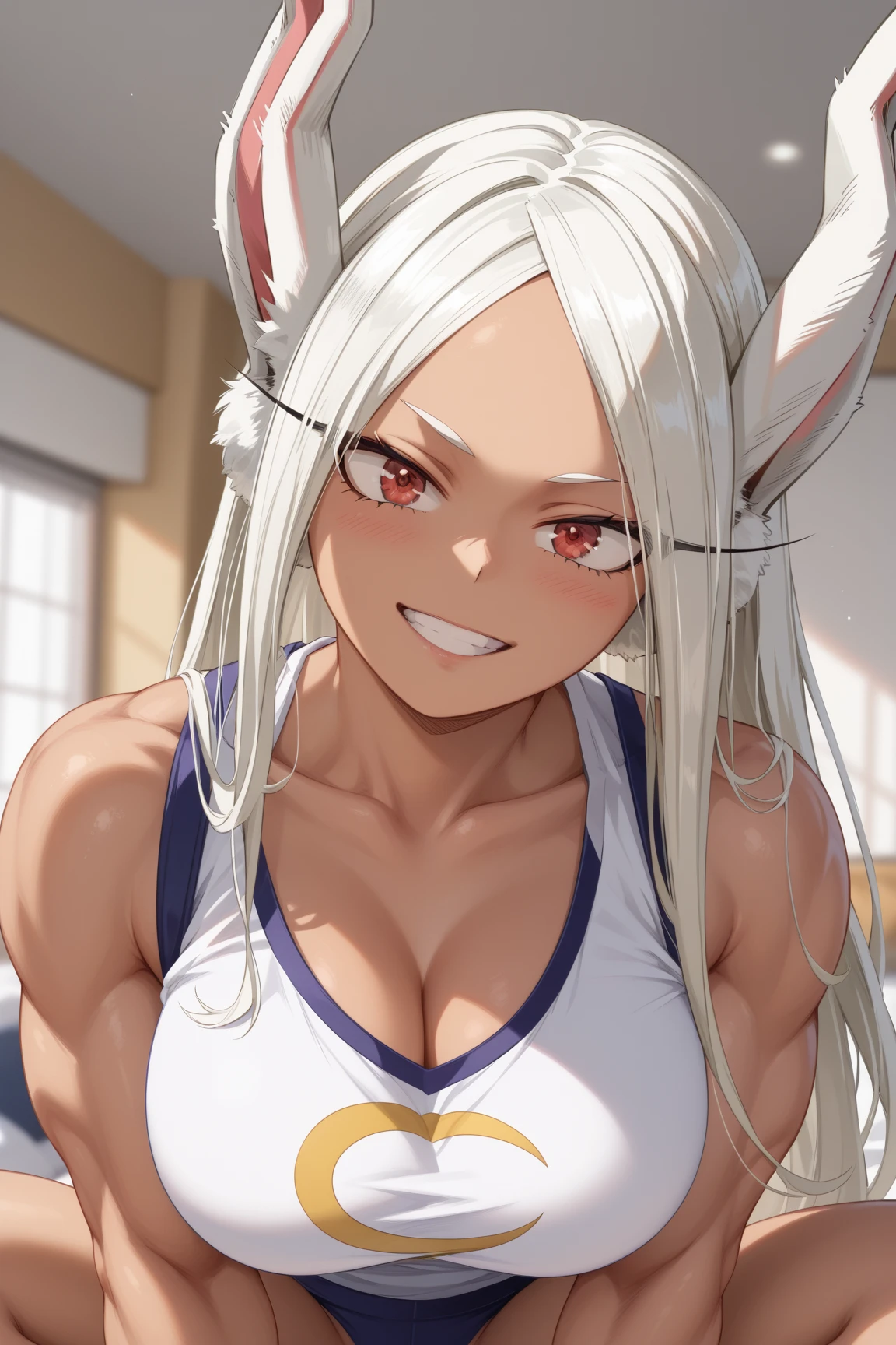 score_9, score_8_up, score_7_up, score_6_up, score_5_up, score_4_up, NSFW, Partial Nudity, (mirko:0.8), detailed eyes, bright red eyes, emotive face, blushing, Big Anime breasts, ripped clothing, 2d Body, My Hero Academia Anime Style, (bedroom:1.2), Cell Shaded, Anime Anatomy, shy, thin outline, puffy areola, Rating_Explicit