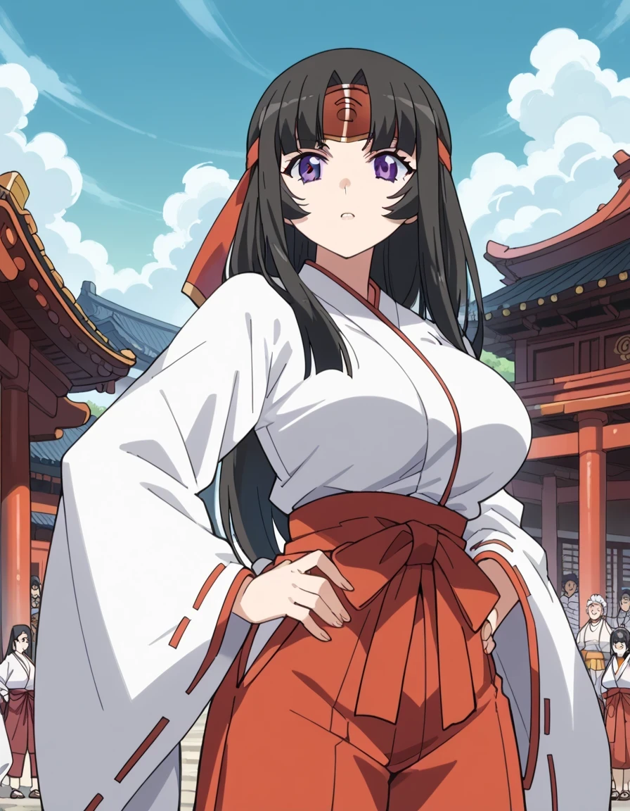 _anime, Tomoe, long hair, huge breasts, black hair, purple eyes, low-tied long hair, anime screencap, skirt, Japanese clothing, headband , ribbon-trimmed sleeves , Monkey, red hakama pants, Japanese temple,alas afueras del Japanese temple , hands on hip,, looking at the spectator, Alone ,, Cowboy Shooting, Alone