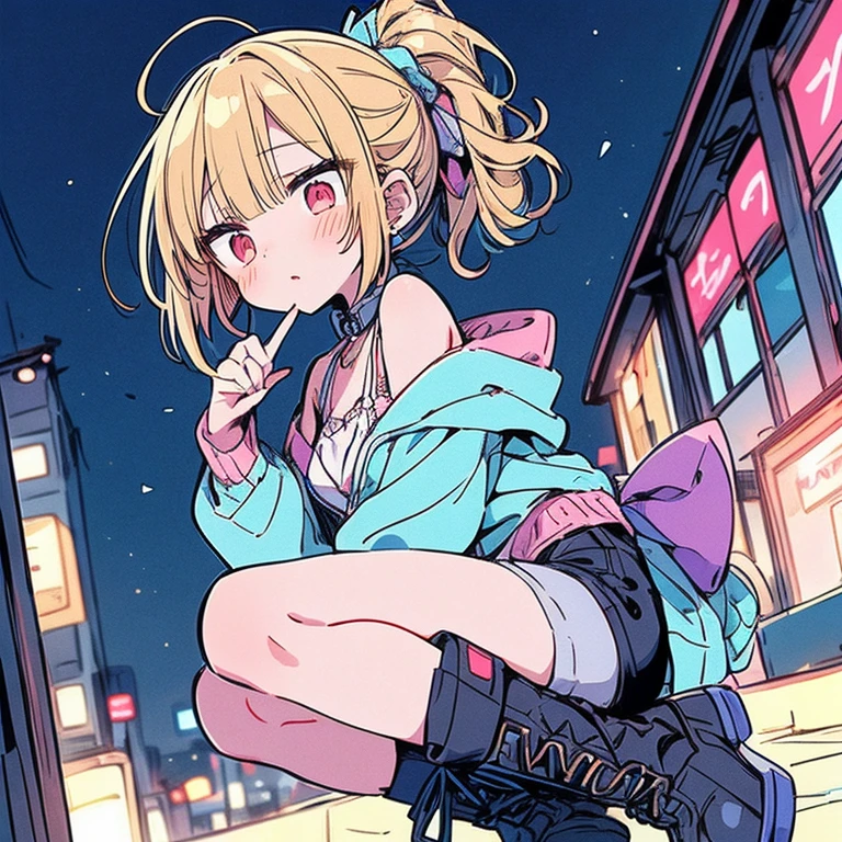 , (nsfw), ((beautiful)), ((masterpiece)), ((best quality)), (extremely detailed face), perfect lighting, highres, 8k, wallpaper, backlit, (absurdres), (ultra detailed, 8K, ultra highres:1.2), BREAK,(RED Ribbon on HAIRband:1.2),smile,navel,groin,denim shorts,loose clothes,shirt pull,shorts pull,A fashionable female ,dressed in a casual yet stylish outfit,browsed the racks of clothes at the department store. She hummed a tune to herself as she examined the various accessories and small items on display. Her outfit consisted of a pair of ripped denim shorts paired with a loose, camisole and a pair of sneakers. She accessorized with a small, silver bracelet on her wrist. As she shopped, the girl couldn't help but be drawn to the various colorful and glittering items in the store. She picked up a pair of cute, heart-shaped earrings and a matching necklace,admiring them in the bright, fluorescent lighting,Ichigo Hoshimiya (Aikatsu!),from below,squatting,groin_focus,A joyful and vibrant scene at an outdoor night pool in Japan, illuminated by soft, colorful lights that reflect off the shimmering water. Three young girls, around 6 to , are splashing and playing in the shallow end of the pool, their laughter echoing through the warm summer night. The girls wear cute, brightly colored swimsuits, their hair tied up in playful ponytails and buns. A kind and smiling female teacher, dressed in a modest one-piece swimsuit, is in the pool with them, guiding their play and joining in the fun. She gently encourages them as they splash water and playfully race each other. The atmosphere is filled with warmth, safety, and happiness, as the teacher ensures that the girls enjoy their night swim in a carefree and joyful manner. Surrounding the pool are string lights and lanterns that add a festive glow, while the dark sky above is dotted with stars.