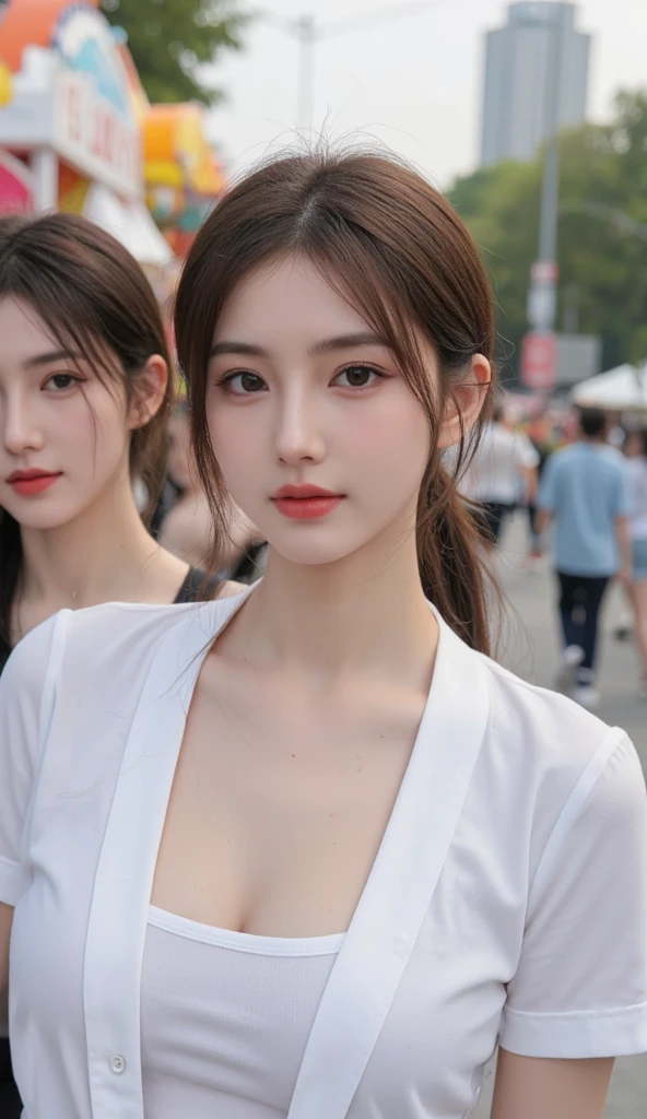 (((best quality))),(((ultra detailed))),(((masterpiece))),illustration,((1 beautiful girl,solo)),((slim,thin)),((small breasts,flat chest)), outside school gate, summer twilight, sunlight,(short ponytail:1.3),(claviclies,cleavage),((white long-sleeved shirt)),((denim shorts)),animated face, excited eyes, sounds of laughter, chatter, excitement of summer vacation, air filled with energy, school gate golden glow, symbol of end of academic year, schoolyard transformed, reunion, farewells, embracing setting sun, face illuminated, moment captured, fleeting instant, essence of summer, carefree spirit, youthful exuberance, embodiment of season, sun dips, rosy glow, joy of living,promise of adventures,((standing,from front,upper body)),(surrounded by crowded crowds:1.3)