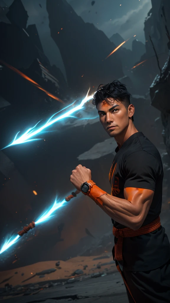 * Detailed face with serious and determined expression.
* Black spiky hair with light reflections.
* Orange and blue traditional martial arts clothing.
* muscular and defined body.
* Dynamic and powerful fighting pose.
* Combat scene with energy explosions in the background.
styled:
* Mix of realism and anime style/mango.
* Fine, precise lines for contours.
* Realistic shading and lighting to add volume and texture.
* Vibrant, contrasting colors to highlight scene elements.
format:
* high resolution image (1080p or higher).
* Horizontal or vertical orientation (according to your preference).
* No watermark or other distracting elements