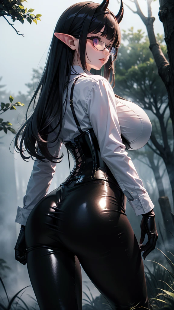 Masterpiece, Best Quality, (perfect anatomy,realist:1.3,from behind, big ass, facial focus,(without looking at the viewer:1.2), (1 girl in:1), 1 woman, (big breasts:1.2), sexy body, thin waist, Attractive front curves, round and soft chest, disgusted face, (black fur:1.6, Waist length hair), evening, Heavy Rain, exterior, City, crop top, (White long sleeve collar shirt:1.4), (leather corset negro), (ripped shiny black leggings), blood stains, Dark alley, blood splattered on the floor, bright red light, bright Eyes, depth of field, holding a sword, night sky, Atmosphere, perfect hands