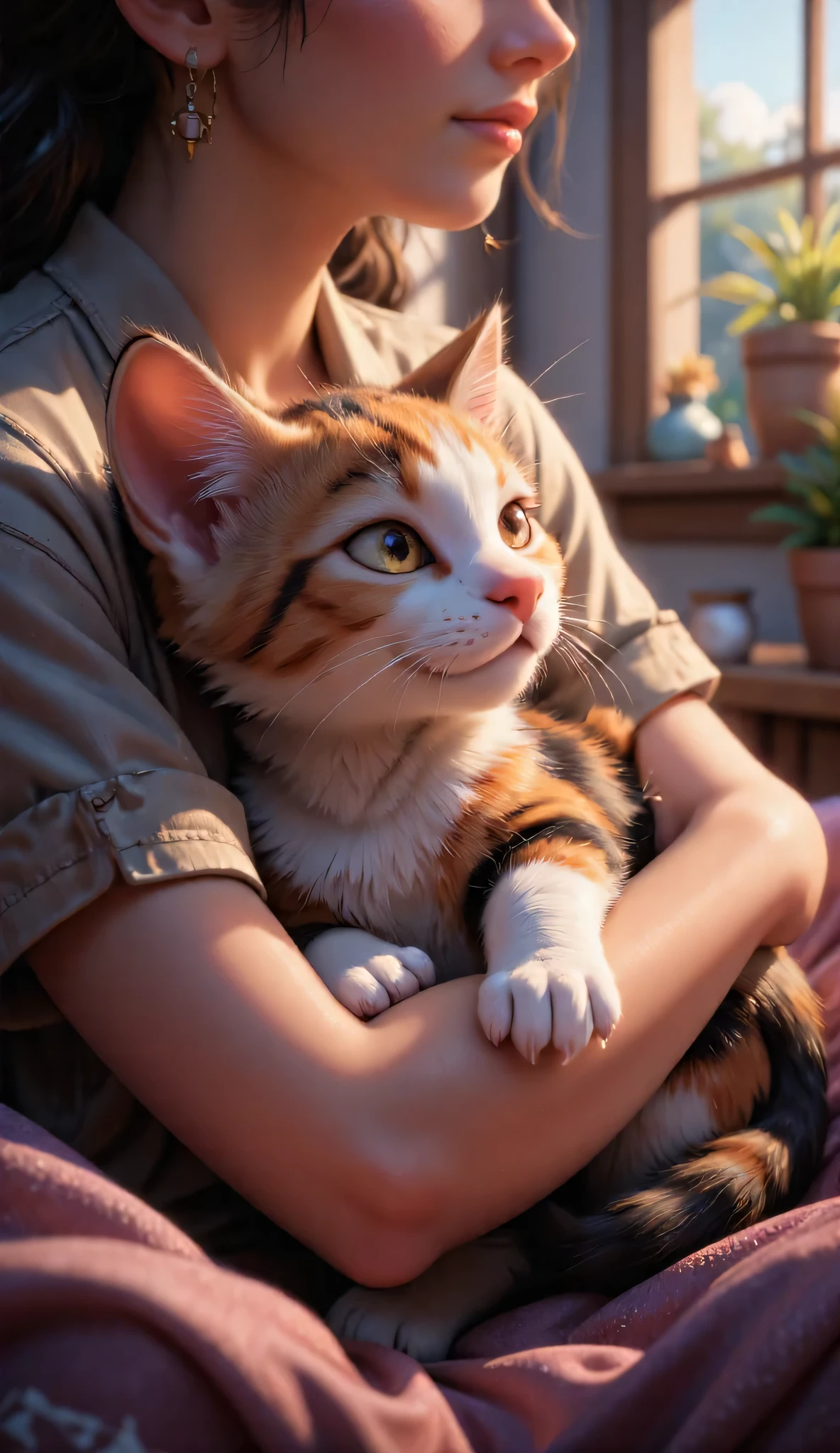 3D characters, cute happy calico kitten, sleeps in my arms, Inside the house, masterpiece, Background Blur, Shut your mouth.