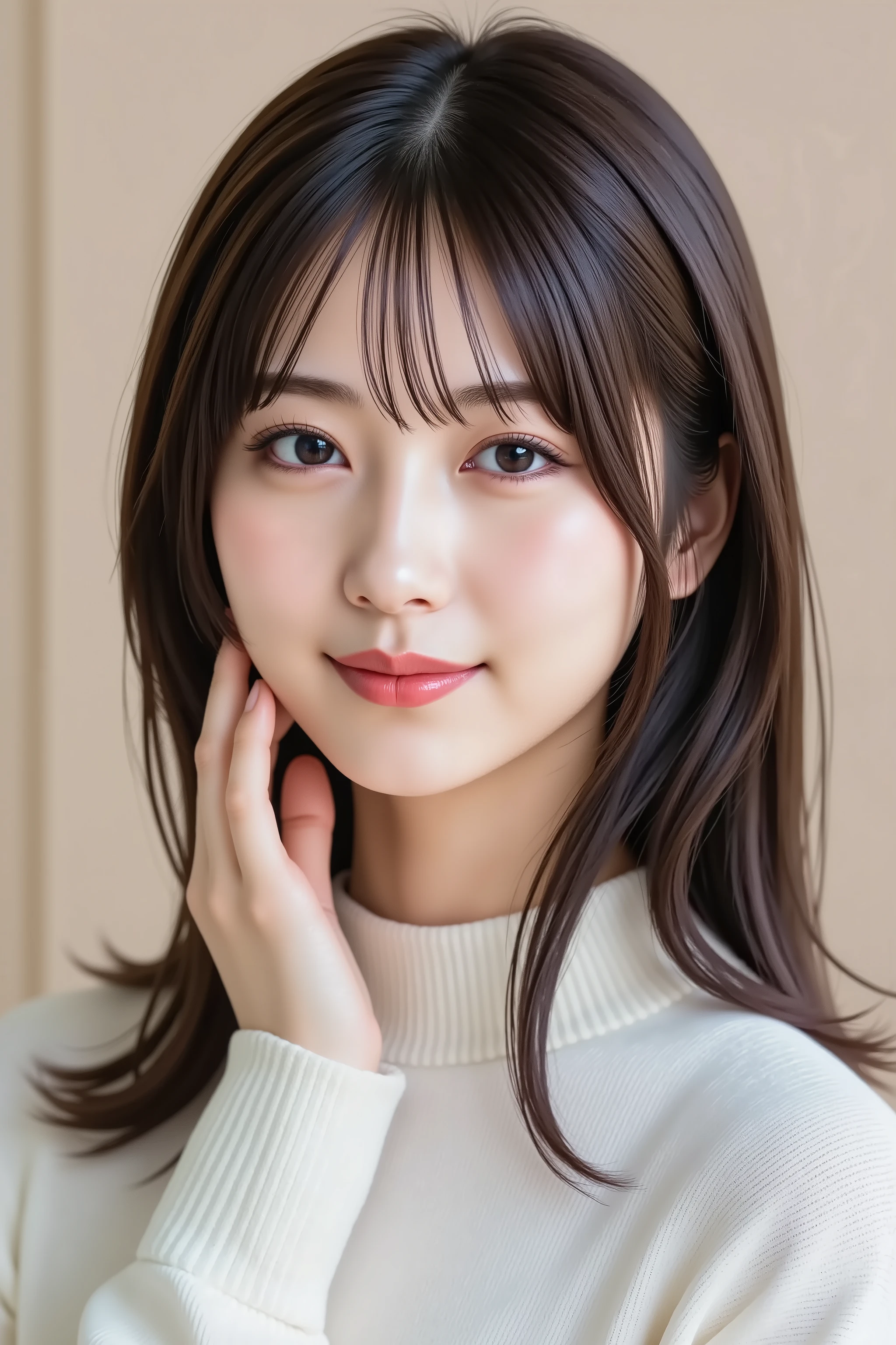 The face is placed in the center of the image, masterpiece, fine, clean skin、plain high neck long sleeve ribbed slim fit t-shirt、long black hair, Bangs, smile, 8k, shooting studio background
