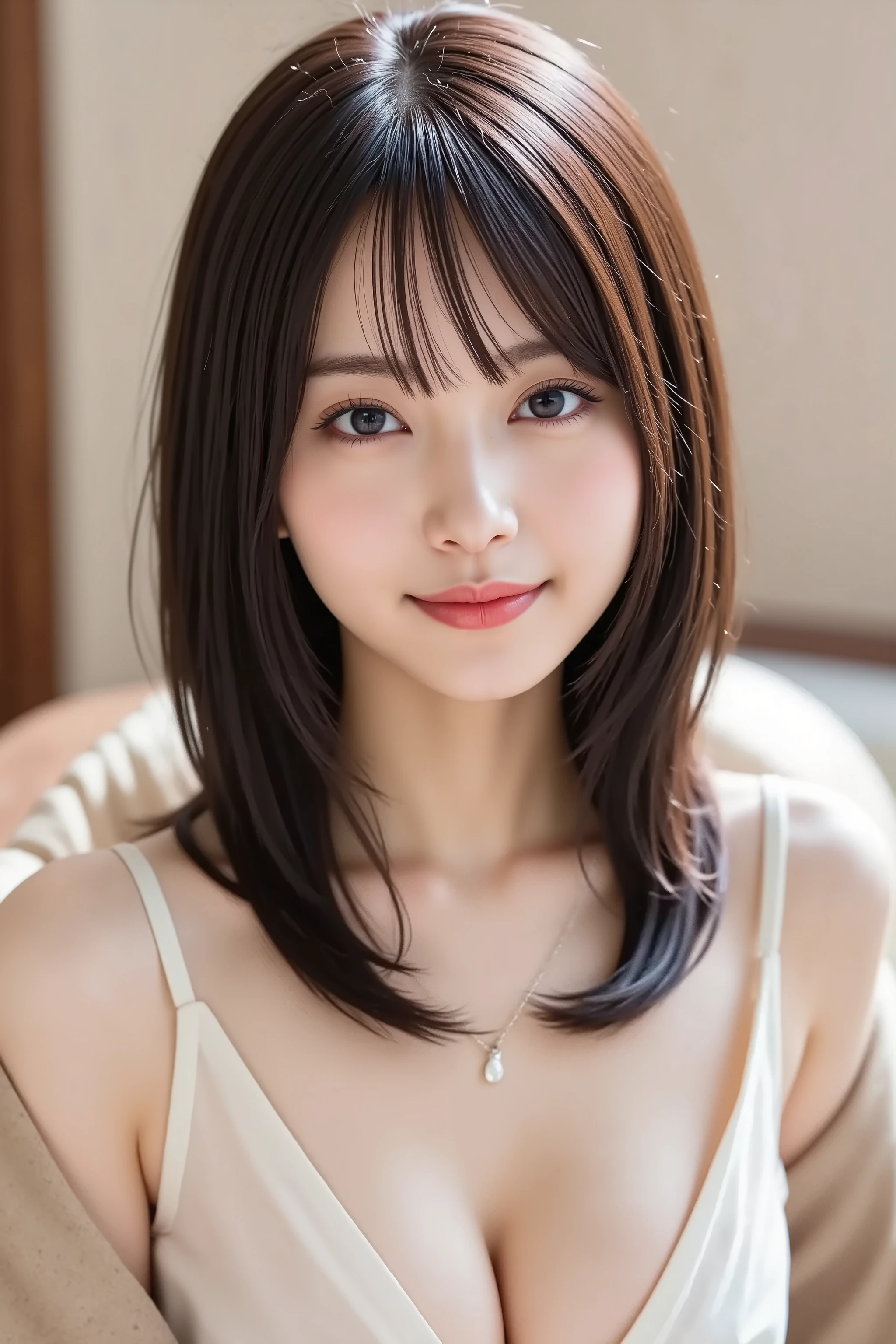 masterpiece, face positioned exactly in the center of the image,  fine, clean skin、Chori blouse, sofa background、long black hair, Bangs, smile, 8k