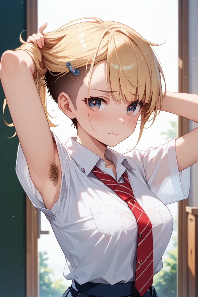 ((1 girl))、(smile:1.5)、small breastsのヌード、(cowboy shot)、(fun!!)、(white cardigan:1.5)、blush、(blonde)、chest roll up clothes,pull clothes,((flat chest:1.3))、((I can see your nipples:1.5)),(), No bra, (black skirt),look down, ((classroom:1.5))Upper body,classroomのシャツロールアップシャツセーター高解像度,look down, Upper body,Fair skin,classroom,small breasts,shaved pussy、single braid、blue eyes