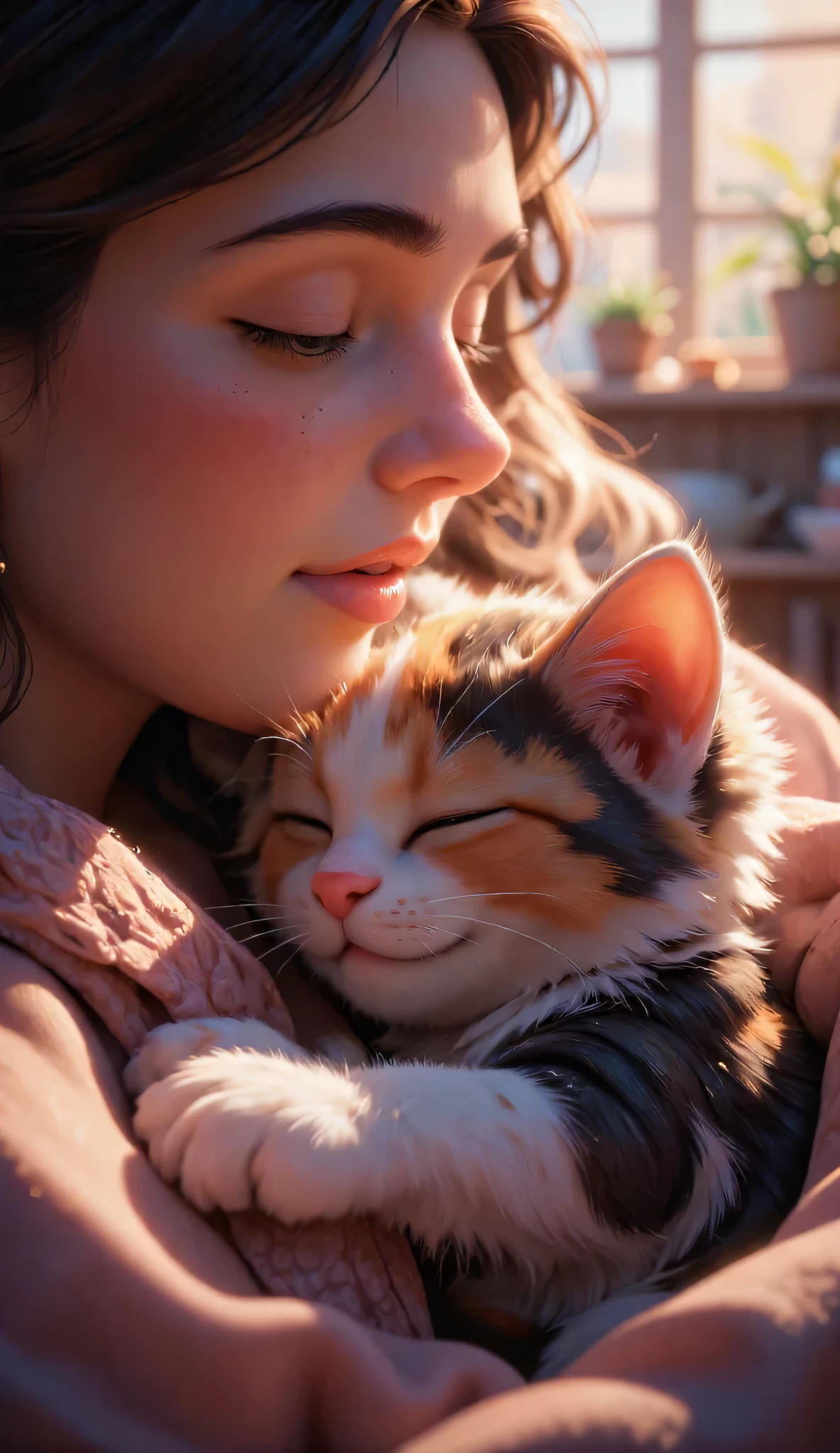 3D characters, cute happy calico kitten, sleeps in my arms, Inside the house, masterpiece, Background Blur, Shut your mouth.
