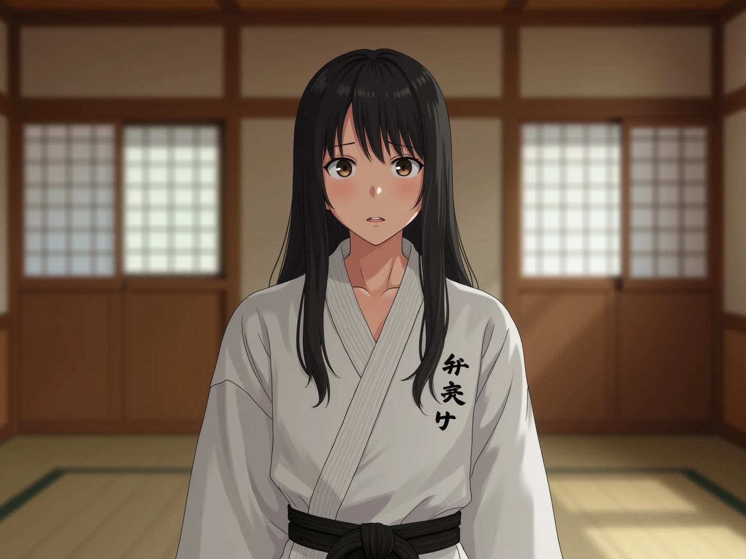 A Japanese woman of about . has long black hair , is attractive , although he has a worried or distressed expression. Wear a karate kimono, with a black belt. the kimono has three small kanji characters at chest height, on the left side- The woman is slender, but her arms and legs are very toned. It's a full body image. The woman is standing in a traditional Japanese dojo. not wearing shoes.