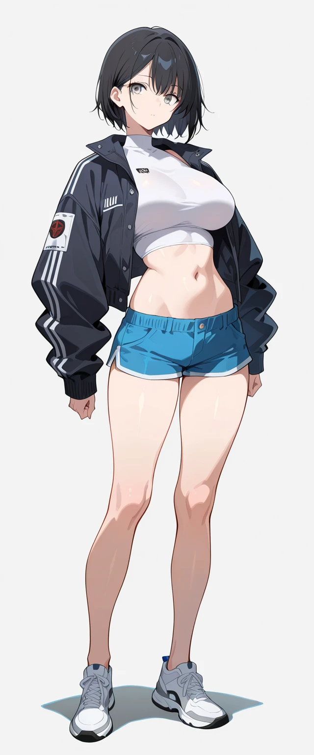 score_9, score_8_up, score_7_up, score_6_up, score_5_up, score_4_up, BREAK,blunt bangs,Gray Hair,Yellow Eyes,ponytail,big breasts,,Overflowing breasts,cap,Sports bra,Short jacket,Shorts,.boots,Street fashion,Erect nipples,Underboob,White background,Are standing,Cum in mouth,fine anime screencap_xl, anime screencap