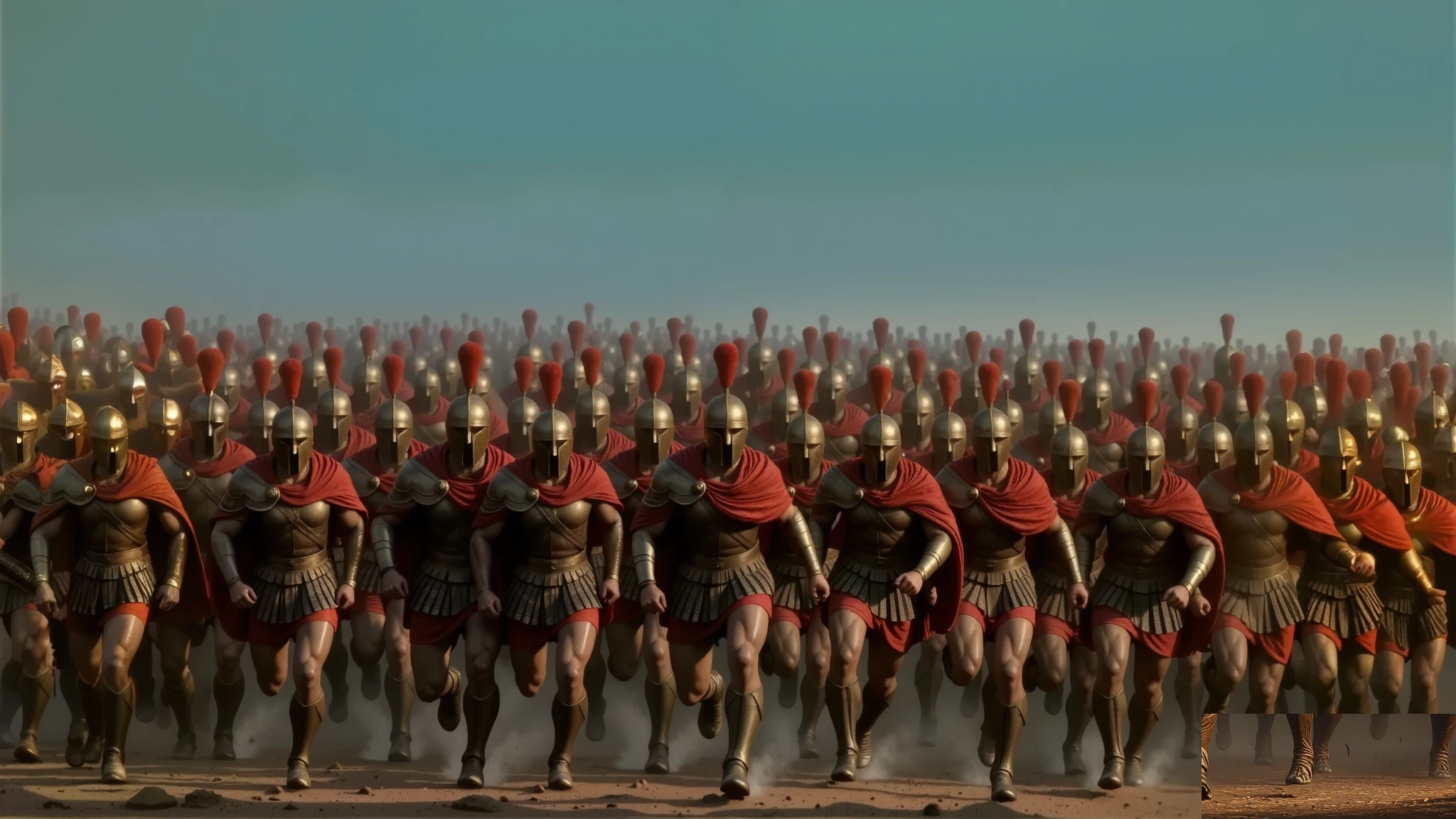 A group of Athenian soldiers running toward the observer. They are equipped with Greek leather armor, red capes, and bronze helmets with red crests. The scene is dynamic and conveys energy and motion.