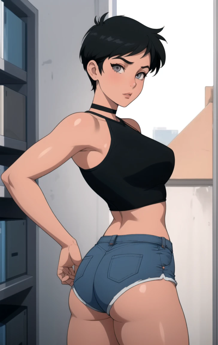 1girl, solo, Imagine Ochaco Uraraka as an adult, 45 years old, brown hair, brown eyes, blush stickers, short hair, Mature Face, brown hair, brown eyes, blush stickers, short hair, medium breasts, curvy female, thick thighs, voluptuous female, dark blue top, (midriff), white belt, black shiny leather pants and white heels, indoors, detailed background, living room, wide shot, (Standing:1.2)