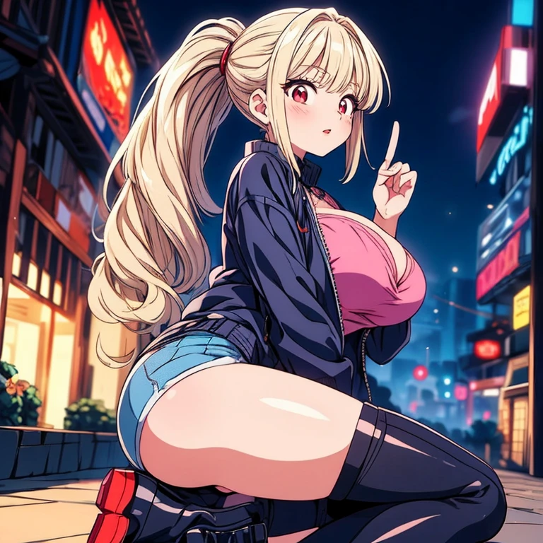 masterpiece, best quality, highres, JK,huge tit,1girl,standing_split,standing on one leg,black bow,black bowtie,blonde hair,bow,bowtie,breasts,hair bun,long hair,looking at viewer,shirt tucked in,Blue jeans, smile,tented shirt,Cyberpunk City, Street, Night, neon light, neon sign, 