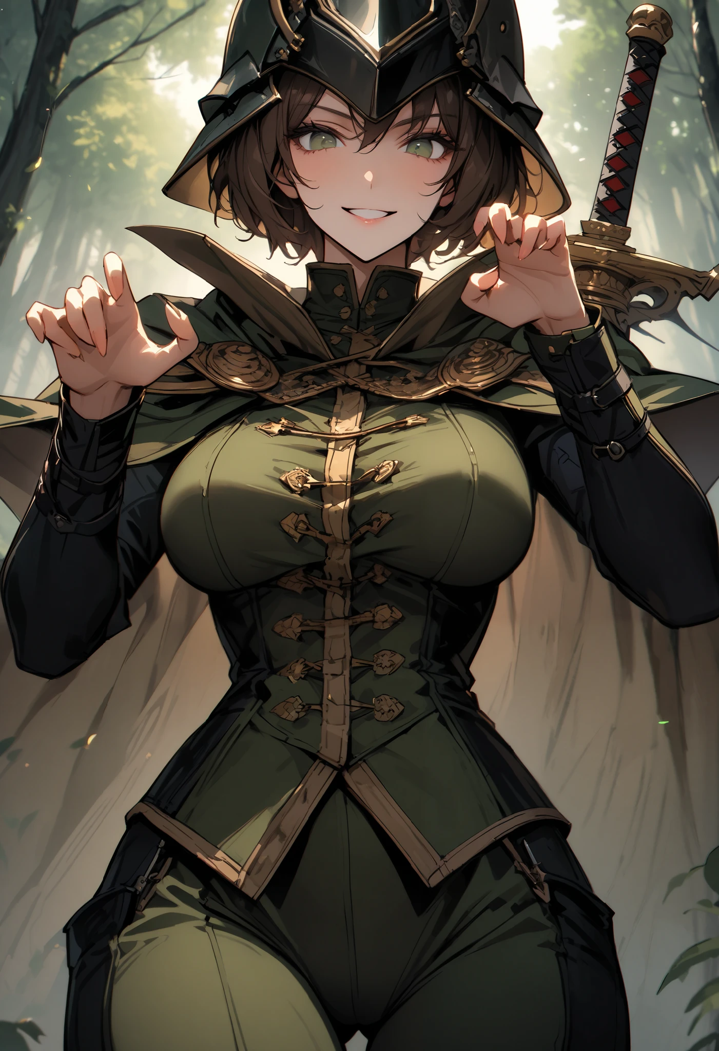 (((((8K quality))))), high resolution, ultra detailed, ((top quality)), ((masterpiece)), (detailed)), ((perfect anatomy)), (((mature woman))), (((glowing skin))), perfect face, ((((( very detailed face ))))), ((((( very detailed eyes ))))), ((35 years old)), very sharp eyes, very sharp eyes, very angular eyes, steely eyes, ((dignified)), (stern expression)), female robin foot, (hood), ((domino mask)), holding bow and arrow, green cloak, dark green battle dress, brown hair, underboob, big breasts, abs, muscles, (((looking down from building top)))