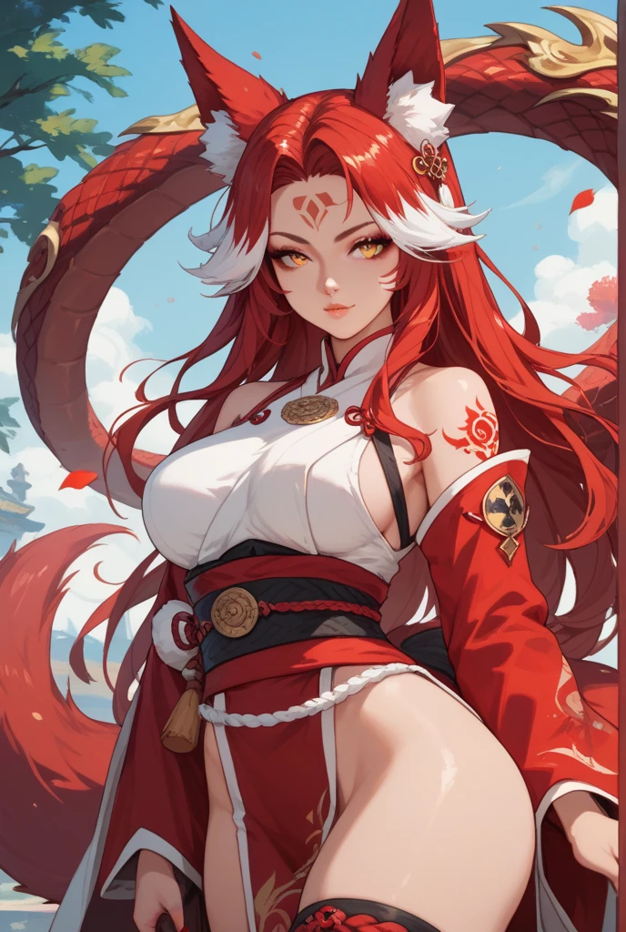 A hyper-realistic、ultra-detailliert、top-quality、hight resolution、Very beautiful Japan girl with a Japan sword, Red long hair, White snake and red dress,