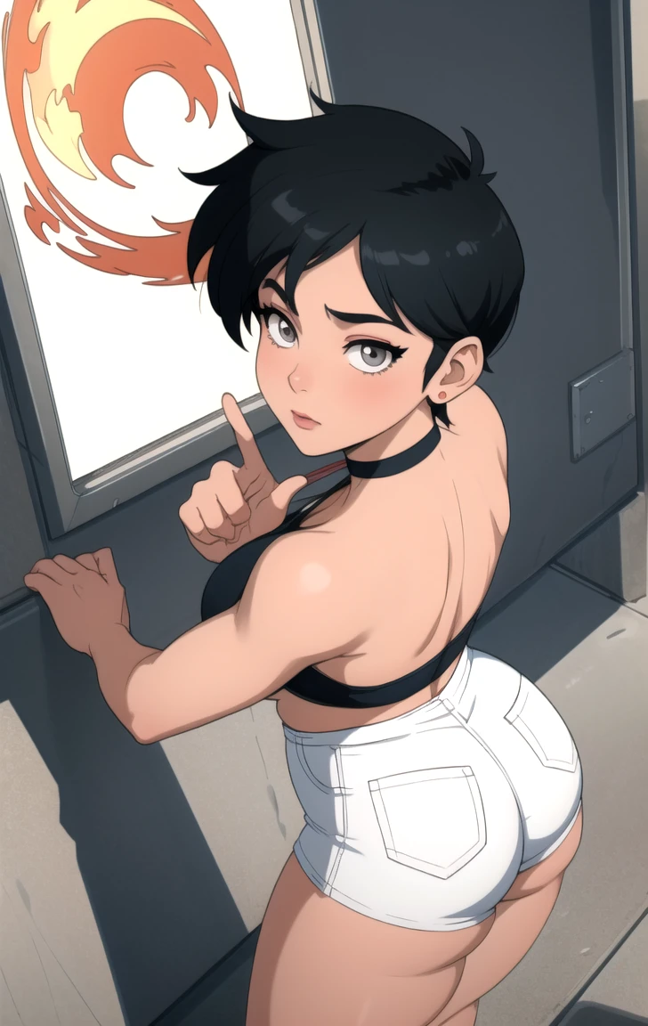 Short woman, orange bandana, red crop top, midriff, black hair, gray capri pants, big ass, 