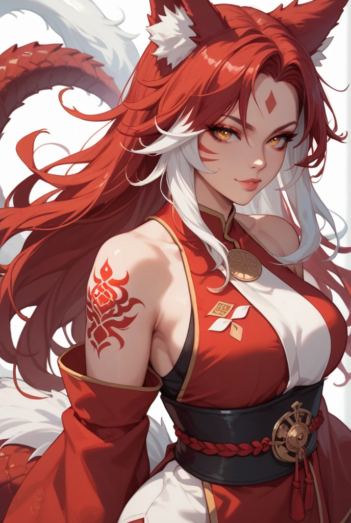 A picture of Ahri, personagem de league of legends, on the roof of a traditional Chinese house.