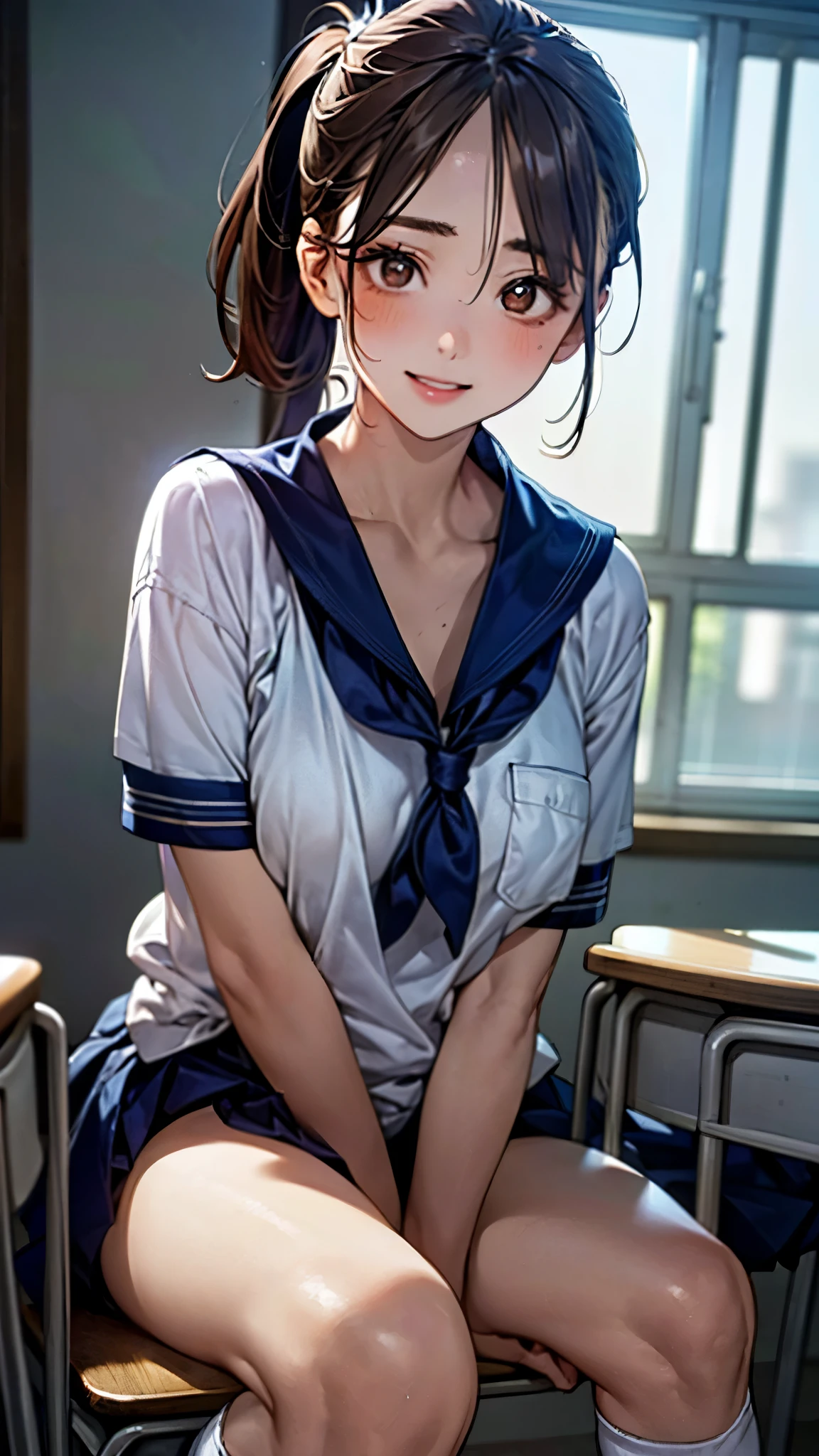 (masterpiece:1.3, top-quality, ultra high res, ultra detailed), (realistic, photorealistic:1.3), beautiful illustration, perfect lighting, natural lighting, colorful, depth of fields, 2025s, ,
beautiful detailed hair, beautiful detailed face, beautiful detailed eyes, (perfect anatomy, anatomically correct, super detailed skin), shiny skin,
looking at viewer, (face focus, upper body), 1 girl, high school girl, cute and symmetrical face, perfect face, perfect eyes, perfect body, perfect fingers, five fingers, babyface, cute face:1.2, tiny,
(short hair, ponytail, light brown hair), (hair pulled back:1.5, forehead), brown eyes, big eyes, long eye lasher, (medium breasts, seductive thighs), slender, skin dentation,
(detailed cloth texture), break ((short sleeve sailor uniform, , navy blue sailor collar:1.2, navy blue buruma:1.2)), break ((dark blue sailor scarf)), break (navy socks),
(beautiful scenery), spring/(seasons/), evening, detailed background, (school classroom:1.5, white wall, white curtains), sitting, (pose with movement), (lovely smile, upper eyes, parted lips),