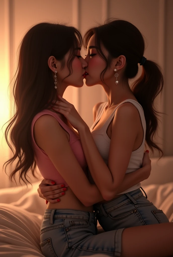 A female couple is kissing in the corner of the amusement park at night. A woman with a bare back and a woman in a white shirt are kissing., (SFW) Work, kissing together cutely, Girl Love Art, OPPEIN, Side milk, Slightly saggy big breasts, small breasts, (((Extra long yellow curly hair))), (((Brown shoulder-length straight hair))), (girl love kiss), The mouth is very detailed,  (girl love hug), touch her clothes, touch her breasts, (Hands touching her breasts), SFW version