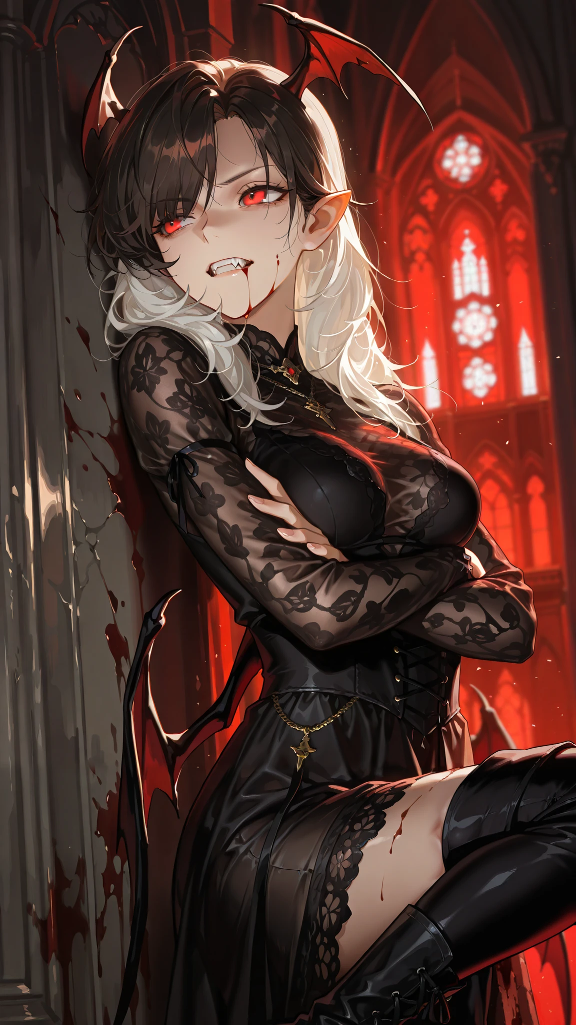 by [arknights|(748cmstyle:0.5)], mature, young adult, masterpiece, best quality, amazing quality, very aesthetic, high resolution, ultra-detailed, absurdres,
1girl, woman, solo, alone,(side eye, dynamic pose, upper body focus, three quarter view, medium shot:1.2), dramatic pose, red eyes, black hair, white hair, brown hair, vampire, lace dress, high boots, arms crossed, succubus, snarling, arrogance impact frames, blood marks in the background, medium breasts, leaning against the wall, divinity, fighter, lip bite, darkness, cathedral, cursed church, 
BREAK, depth of field, volumetric lighting
 