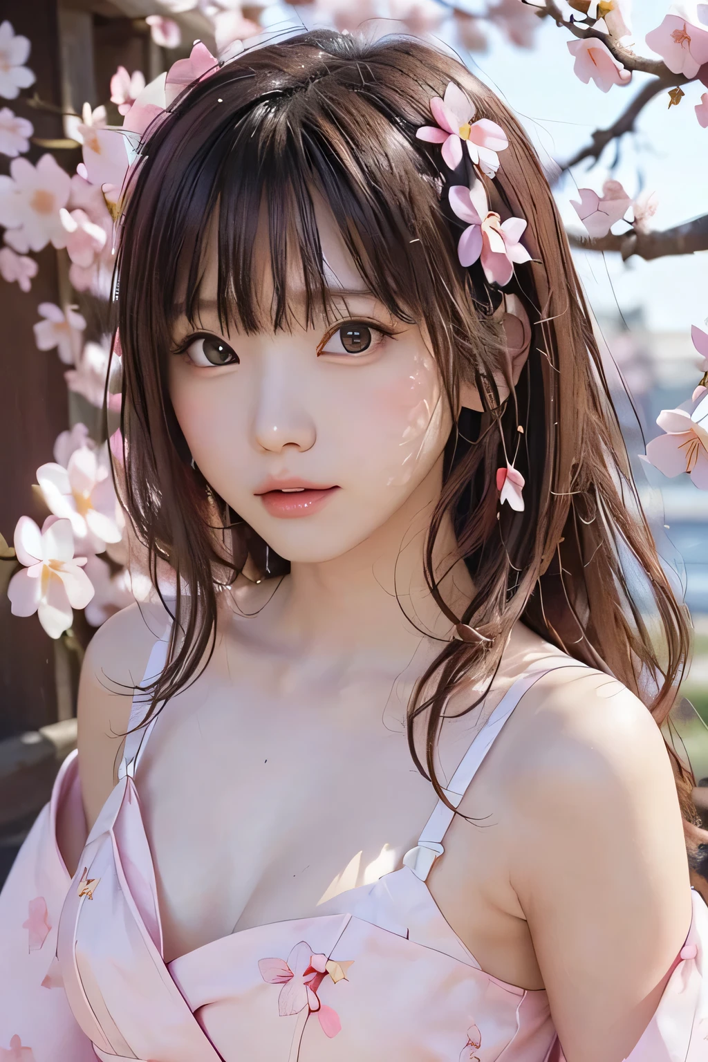 (A logo、masterpiece、8K、masutepiece、Raw photo、Fantastic、Best Quality、Photorealistic and ighly detailed CG integrated 8k wallpaper、hightquality、ighly detailed、epic poem、Particle effect、Dynamic effects、depth of fields、Cinematic Light、Lens Flare、Ray tracing)、Fantasia、 (Beauty 1 person、doress、Dress、Cherry blossom pattern、A dark-haired、Beautiful face、Real Face、beautiful details eyes beautiful skin)、my hair dances in the wind、Hair flutters in the wind、Hair jumps、Pink cherry blossom tree、Petals flutter、Sakura blizzard、Superb view、morning glow、Sun in the background、the wind、