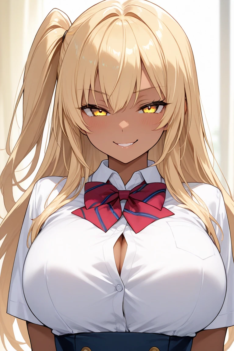 1girl, <lora:Mizuna_NaomiV2:0.8>, upper body, blue eyes, blonde hair, long hair, (scrunchy:1.1), looks at the viewer, (masterpiece, best quality), sly smile, assertive, mischievous, skinny, tan, dark skin, large breasts, white button-down shirt, red bow tie, black bra, depth of field, ultra detailed, intricate details, official art, 32k, extremely detailed cg unity 8k wallpaper, high quality, highres, photoshop, in a modern living room, plants, blurred background