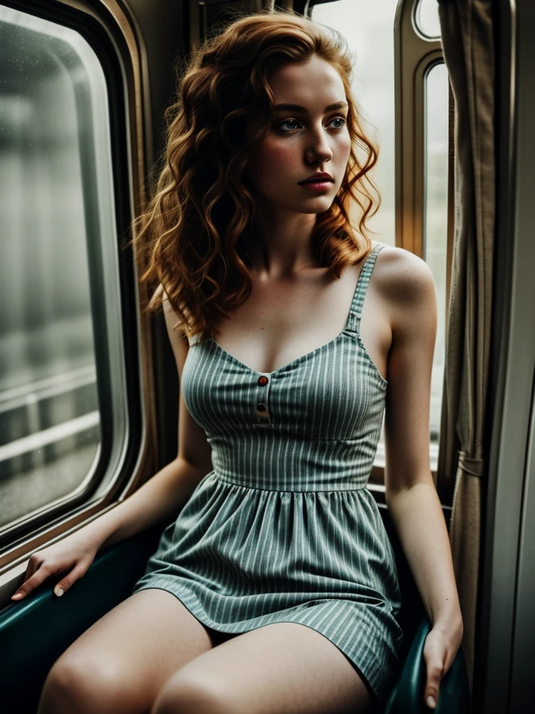 1girl, 19, Solo, Aesthetic artwork, irish, wavy ginger hair, shoulder length hair, gray eyes, light grey eyes, pale skin, A-cup, small breasts, runners body, (textured skin, skin pores:1.1), goosebumps, young woman sitting on train wearing vintage striped dress with legs open revealing panties, looking seductive, cinematic, (tilted:1.3) (on an old train) look cautious, standing under a spotlight, volumetric dust clouds, key light, backlight, soft natural lighting, photography Film grain ISO 400 30 mm lens RAW f1.8 aperture, highly detailed (analog photography:1), colors hdr