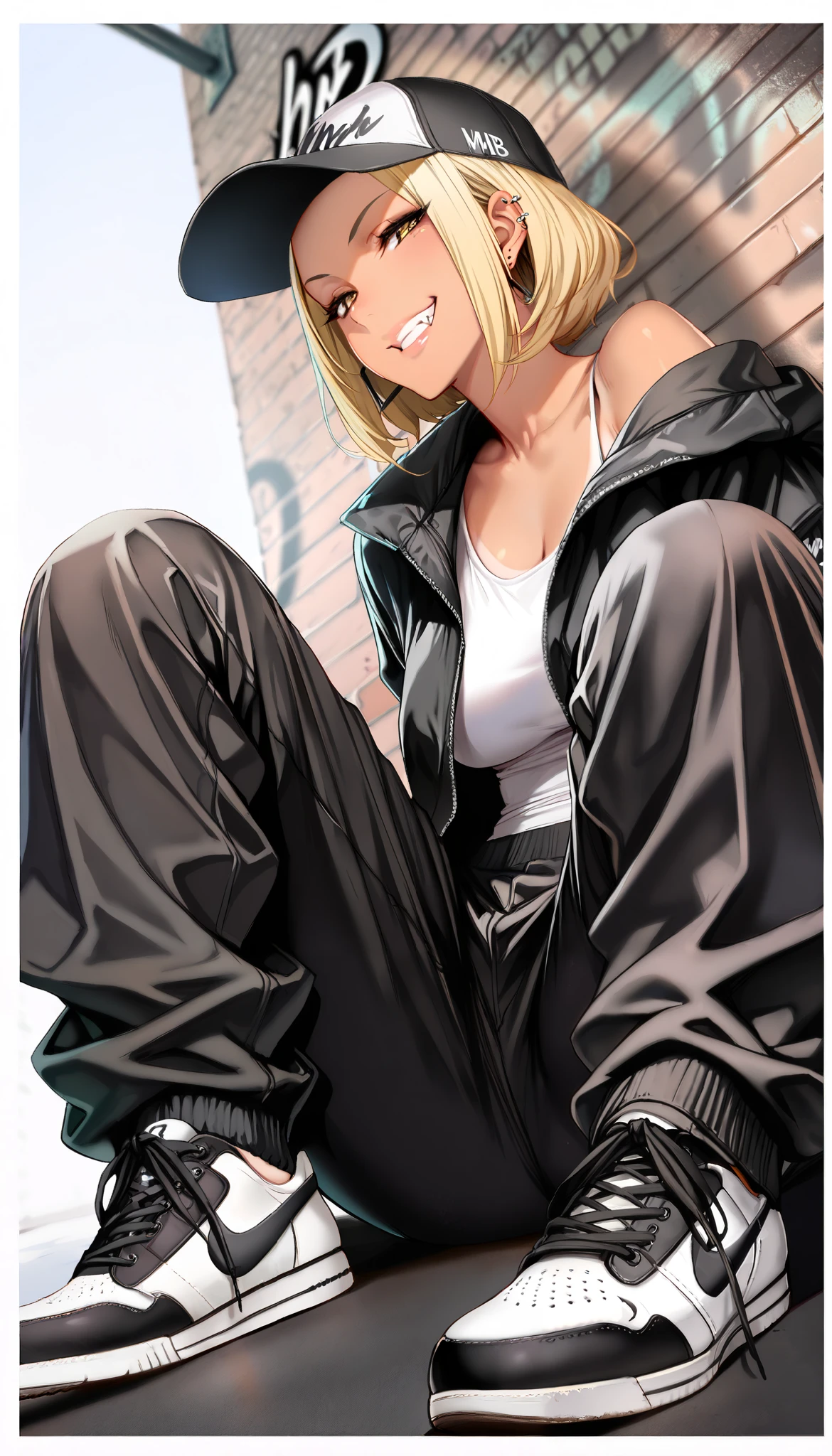 (best quality, highest quality:1.2), masterpiece, top quality, ultra high definition, rich contrasts, HD,8k, High Definition CG Unit Wallpaper, texture , Unbelievably Absurd, ultra high definition, RAW photos ,Deep border 1 .2, very detailed, back alley, ceiling, Sitting one's knees up, spread legs, Leaning against a graffiti wall, dutch angle,
bimbo, cute, streetwear, ((oversized Lower pants, street style, sneakers)), There are many piercings, street cap, put on a off shoulder black open hoodie,
glamorous, grin, fang, yellow eyes, blonde bob hair, tan,