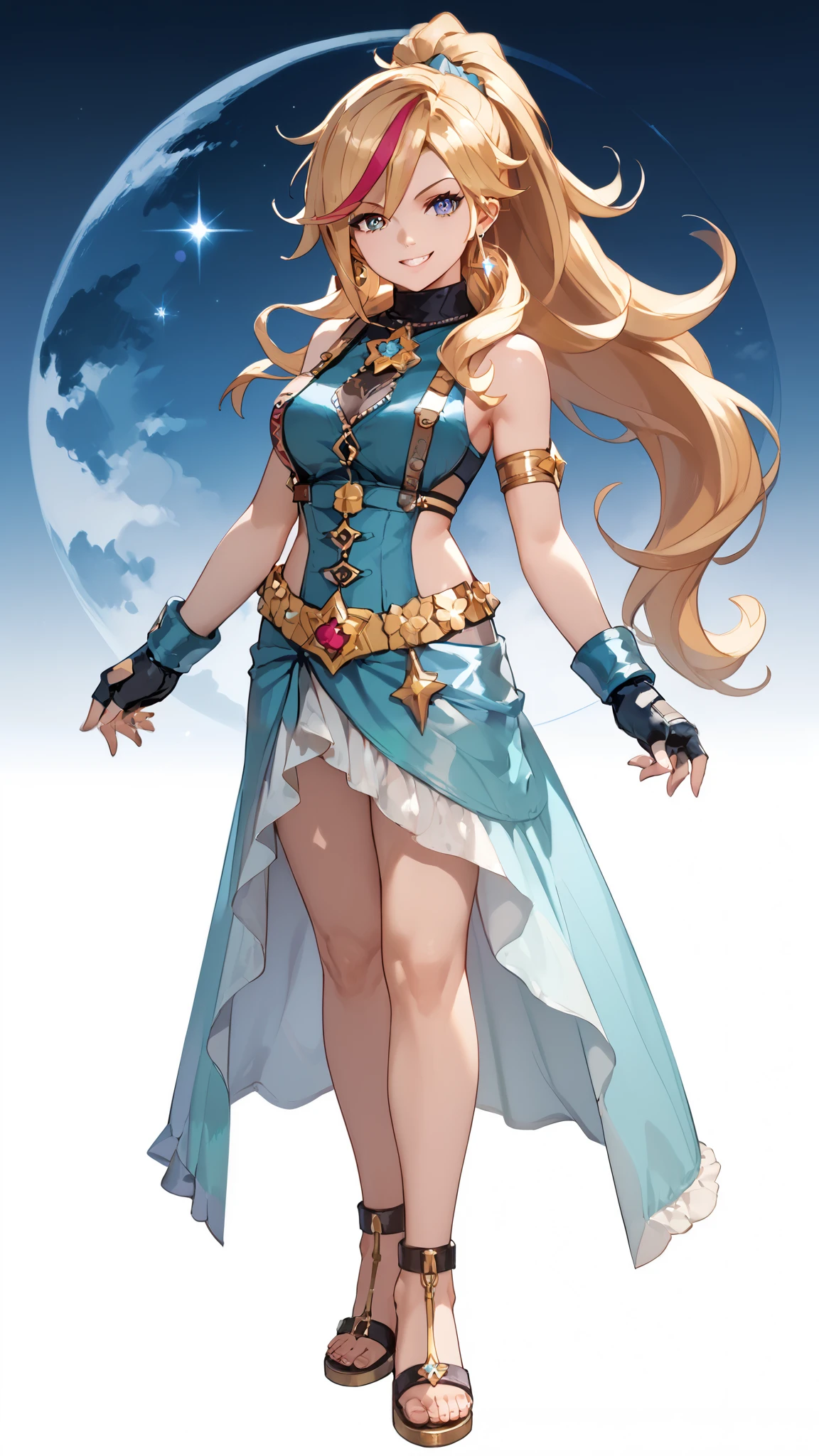 Anime concept art, (masterpiece, best quality:1.2), blue cosmos eyes, perfect face, strong make up, highres, 1 girl, ultra long ponytail, (female:1.5), blonde hair streaked with lots of red highlights, two colors hair (blond and red), braids, messy hair, cute, hight flame mistress outfit, off shoulder , sleeveless turtleneck, suspenders,gold chain belt, fingerless gloves, bracers, pre potent smile, standing, relaxed arms , evil smile, evil pose, standing tall, cute pose, portrait, looking at viewer, Her hair is streaked with lots red and blonde highlights, moon tribal tattoo, full body view, Full body overview, cowboy shot
