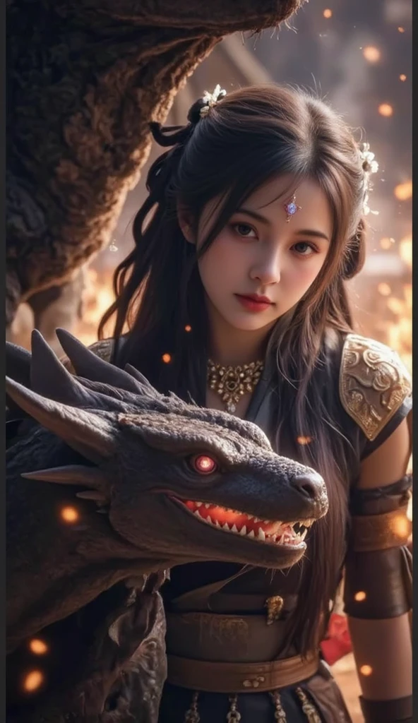 tmasterpiece,best qualtiy,realisticlying,photorealestic,The painting depicts a woman standing next to a dragon,The background is an incomparably vast starry sky,The whole painting uses cute and authentic portraits(Handsome realistic portrait style),And has dark blue eyes。Long hair fluttering and cute(Cute:2)。The whole painting shows excellent realism and detail(photorreal details),Light and shadow tracking,Rich in detail,Close-up of a woman in Han costume with a dragon,Portrait of a dragon girl,Dragon-inspired cloth robe,asiagirl,Long flowing black hair,Dragon girl,Dragon in the background,Golden dragon,Hanging ornaments,Chinese fantasy