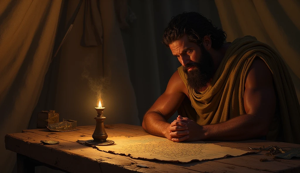 A close-up shot of a young Stoic philosopher, around 2, seated in a Roman study room, surrounded by ancient scrolls and parchment. His well-proportioned physique is subtly revealed through a slightly transparent tunic, draping elegantly to show a part of his shoulder and a hint of his chest, enhancing his sensual appeal without being vulgar. His bronzed skin glows under the soft light of oil lamps, and his very short, well-groomed beard and wavy, well-stylized hair add to his attractiveness. His head is in his hands, reflecting disappointment and frustration over a rejected petition for a position. The room is dimly lit, with marble columns and classical Roman decor visible in the background. The philosopher’s expression conveys deep contemplation and frustration, with a shadowy, ethereal figure symbolizing his thoughts of blame. Shot with a Canon EOS R5, Sigma 50mm f/1.4 DG HSM Art Lens, with an 85mm lens. Rendered in 8K resolution, cinematic detail, Octane render, capturing the emotional tension and alluring presence of the philosopher.