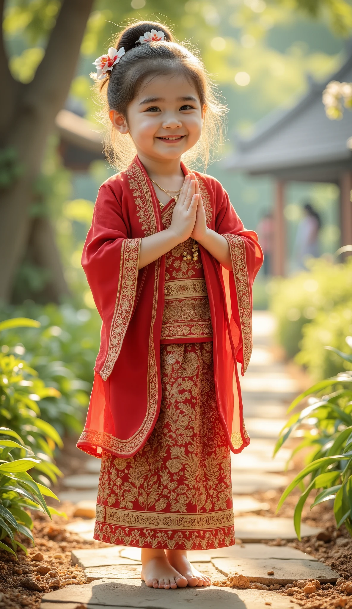 Chubby, adorable Thai Lanna girl with rosy cheeks and a bright smile, making a wai gesture. She wears a red silk sabai with gold embroidery, a richly patterned sinh skirt, golden jewelry, and jasmine flowers in her styled bun. Standing barefoot on a sunlit forest path, she is surrounded by lush greenery and warm golden light. The softly blurred background features misty Northern Thai forests, traditional Lanna houses, and distant figures, creating a serene, cultural atmosphere. The semi-realistic, fantasy-inspired style highlights intricate details, vibrant colors, and the elegance of Lanna heritage