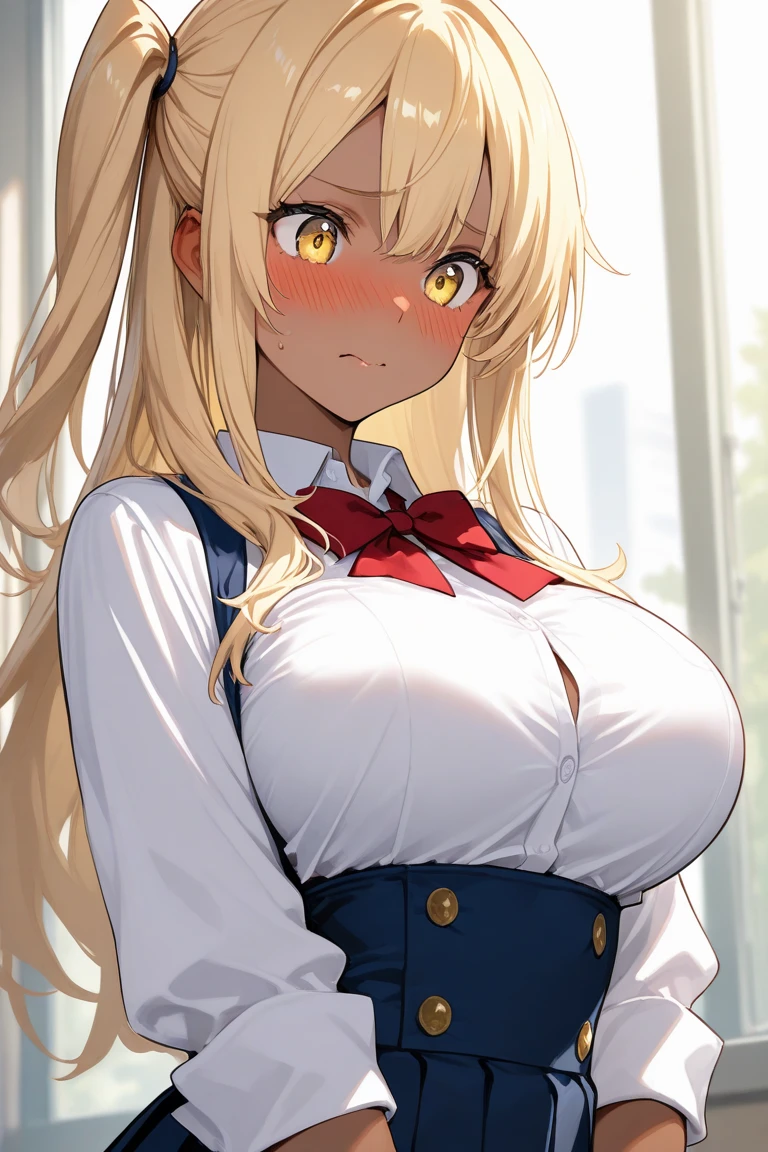 One girl, Huge Breasts,Dark Skin,Long Hair, ponytail,White shirt,Cleavage,Blonde, anger,choker,Pleated skirt,Simple Background,Knee socks