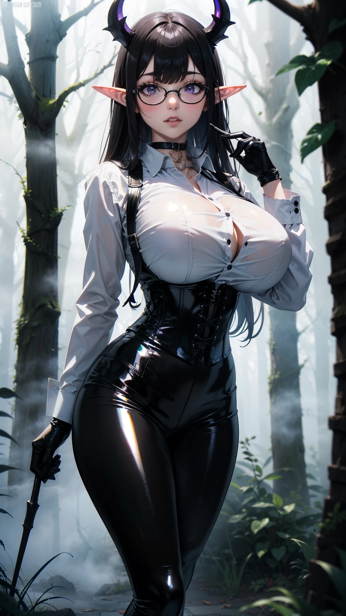 Masterpiece, Superior image quality, high resolution, 4k image,photo and gross, photorealistic, whole body, distant view, 1 young man of 15 years, {{{vagina}}}, big breasts, beautiful face, long black hair, black eyes, very detailed eyes, pink cheeks, shy expression, choker:1.6, (white collar button down long sleeve shirt), black gloves, gloves that cover hands, (black leather corset), (shiny black miniskirt), Sensual Lips, show details in the eyes, View from the front, looking at the viewer, dark forest path, evening, Atmosphere, fog