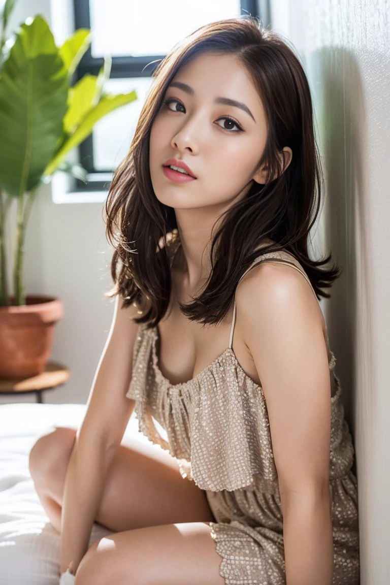 (Nude), Full body, sit, spread legs, ((highest quality, 8k, masterpiece:1.3)), concentrate: 1.2, Perfect body beauty: 1.4, Hip: 1.2, Layered Haircut, Highly detailed face and skin texture, Delicate eyes, double eyelid, White skin, Long brown hair、slim、thin、Model Body Type