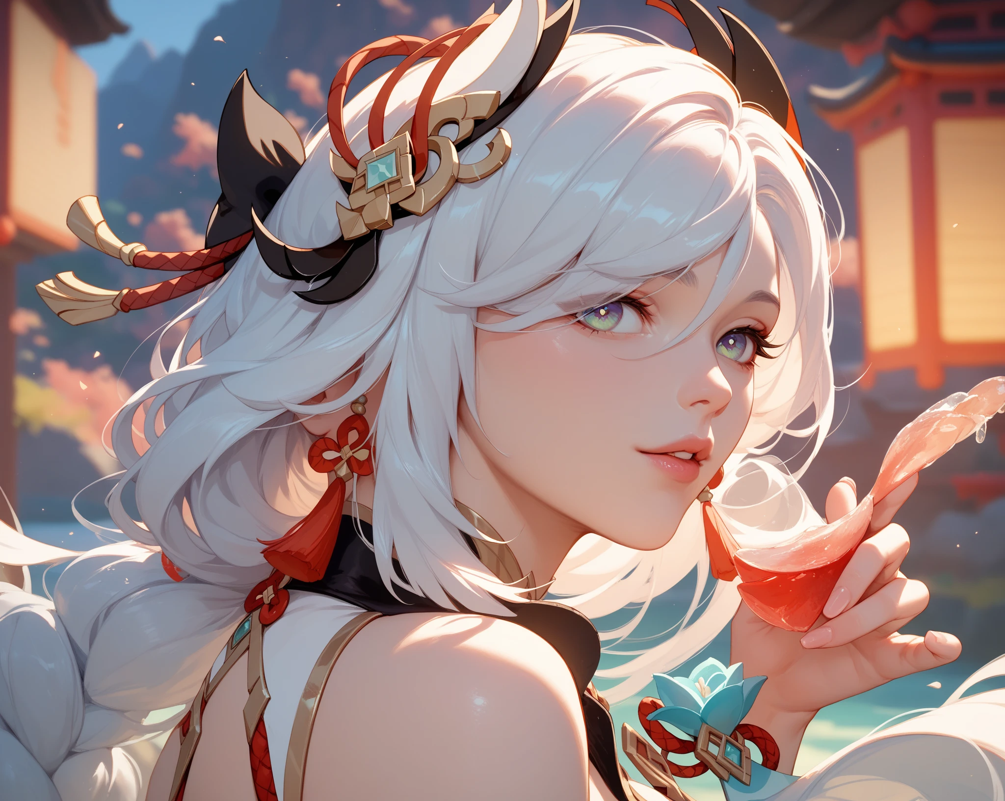 high quality,masterpiece,Dark-skinned Japanese woman in colorful kimono,Distinctive facial tattoos,many tattoos all over the body,Distinctive beautiful golden droopy eyes,Very beautiful dancing woman,hagoromo,Long, beautiful silver hair,Listening to music through headphones and dancing with hands up,grinning,hibiscus,Ocean,gold necklace,very calm expression,gray hair,red lipstick,dark makeup,Very beautiful jungle background,Images for YouTube