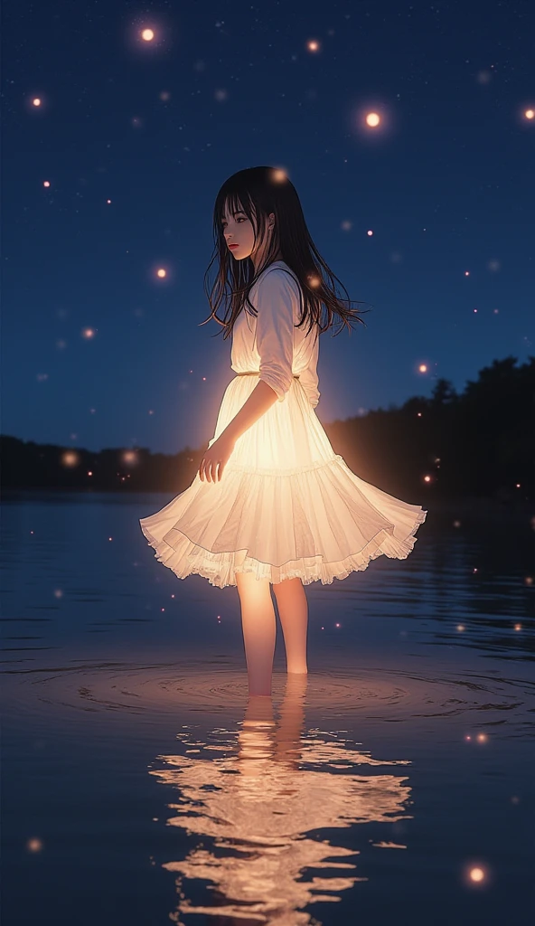 A Japanese school girl is standing in the shallow water at dusk。, holding a glowing light that illuminates her dress and casts a warm reflection on the ground. like she flows , casual clothes、Her loose hair flutters faintly、It is wrapped in light that illuminates the body and throws warm reflections on the ground. The night sky is dotted with soft light, creating a magical, serene atmosphere .