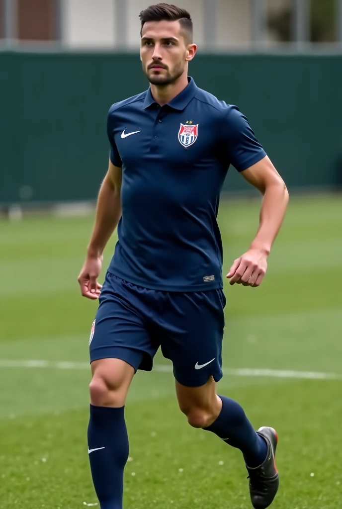 Create a cool and unique soccer uniform with the colors blue, white, and red.